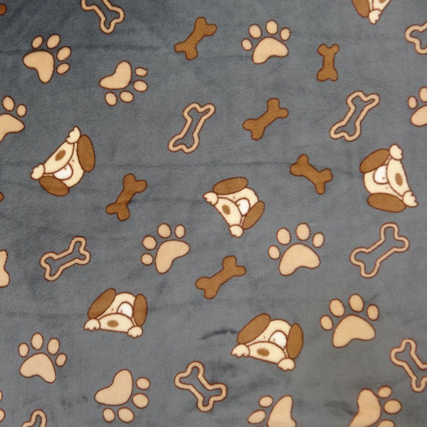 Tissu Doudou Gris anthracyte Chiens et os