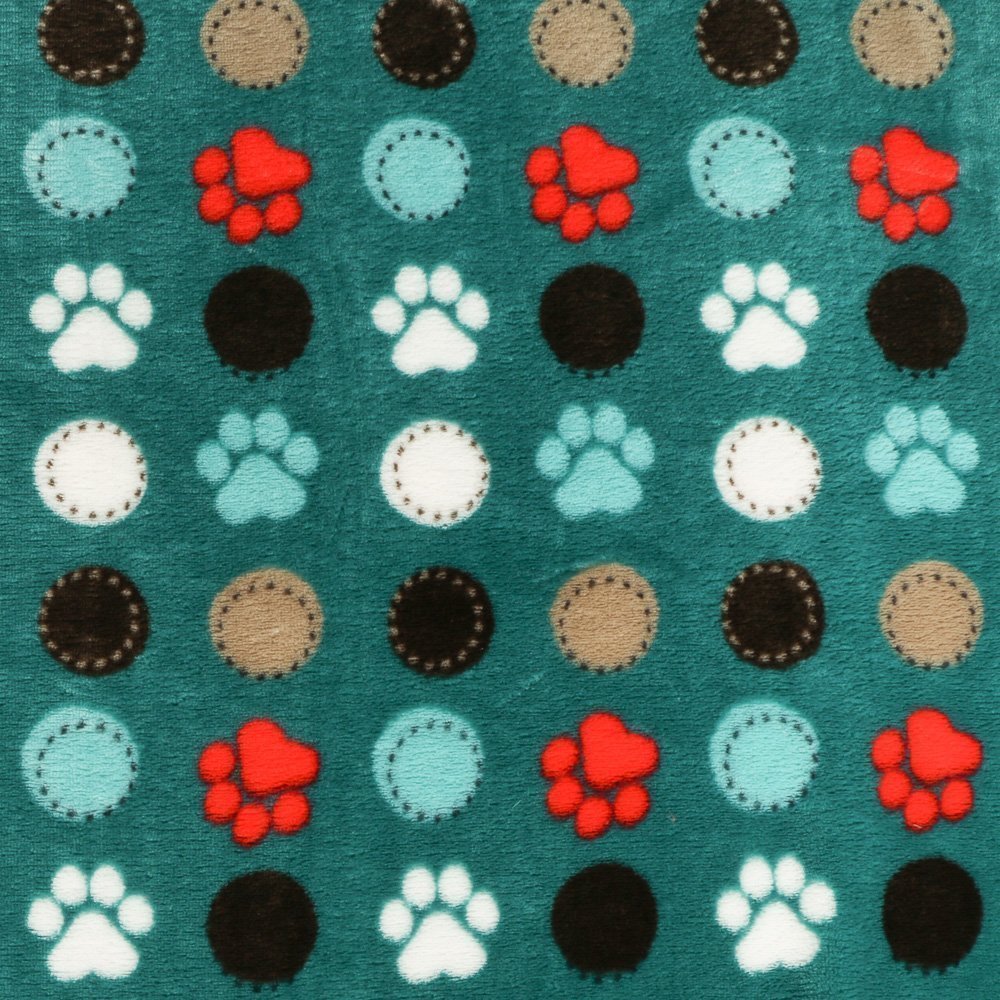 Tissu Doudou Vert opale Pattes et ronds Rouges, blanches et marrons