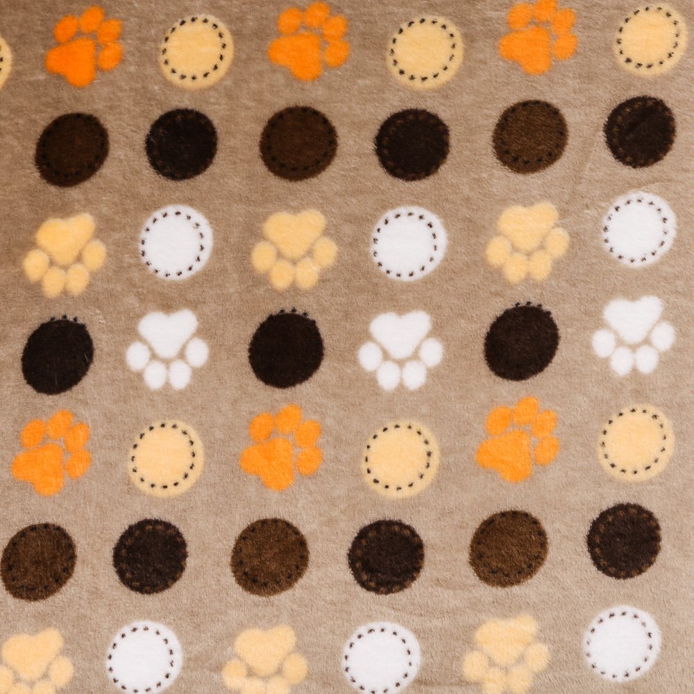 Tissu Doudou Beige Pattes et ronds Oranges, beiges et marrons