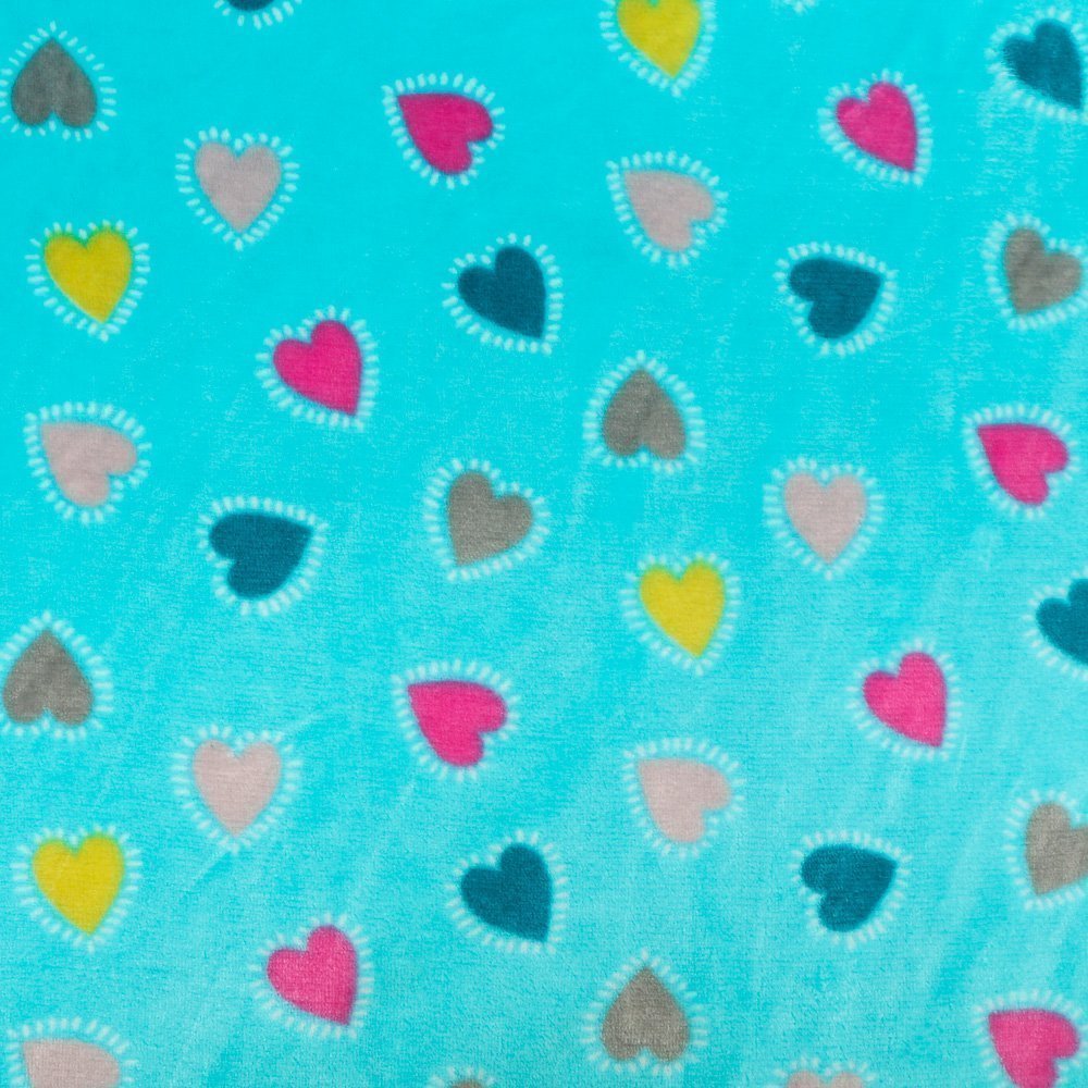 Tissu Doudou Bleu turquoise Coeurs Fuschia et jaunes