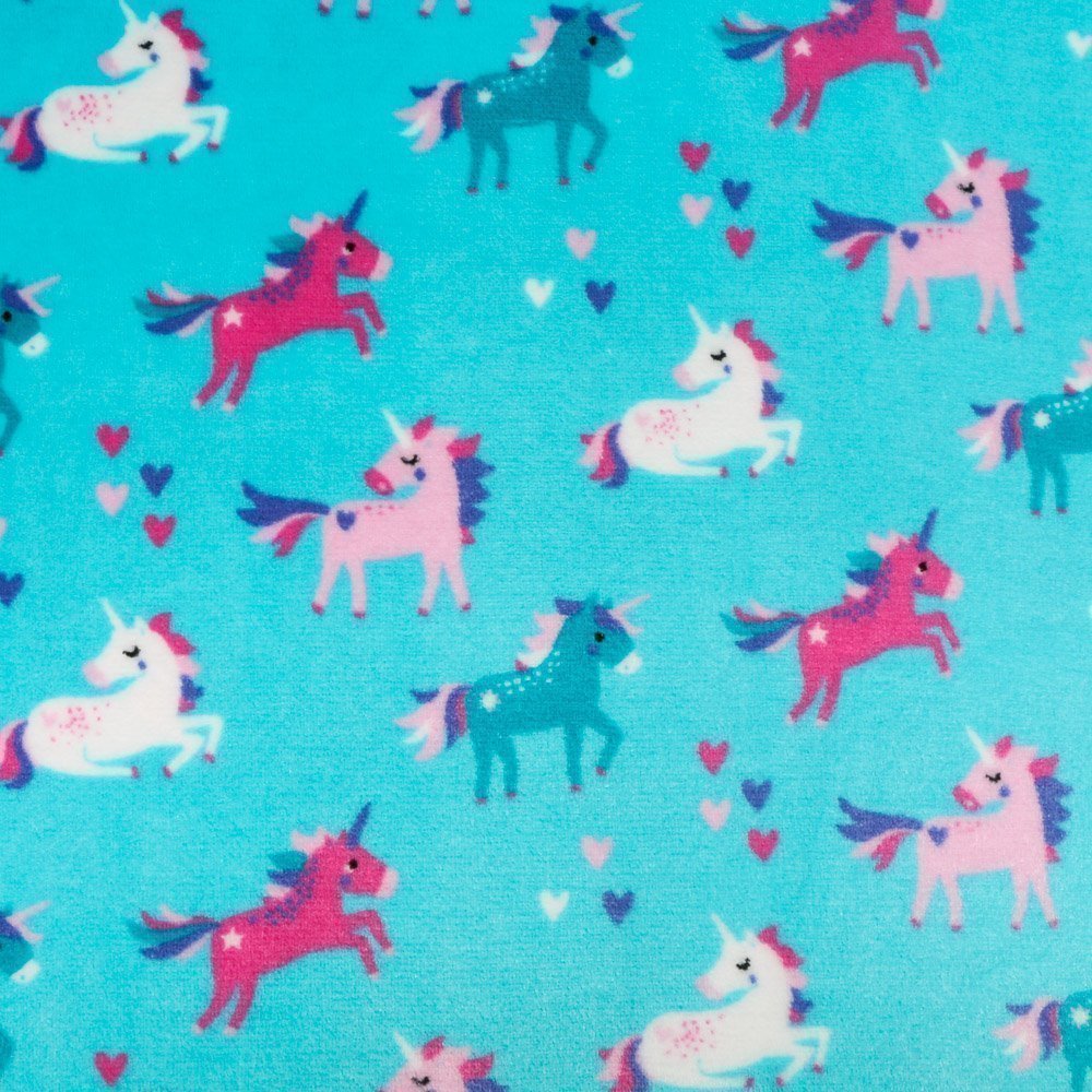 Tissu Doudou Bleu turquoise Licornes Fuschia et roses
