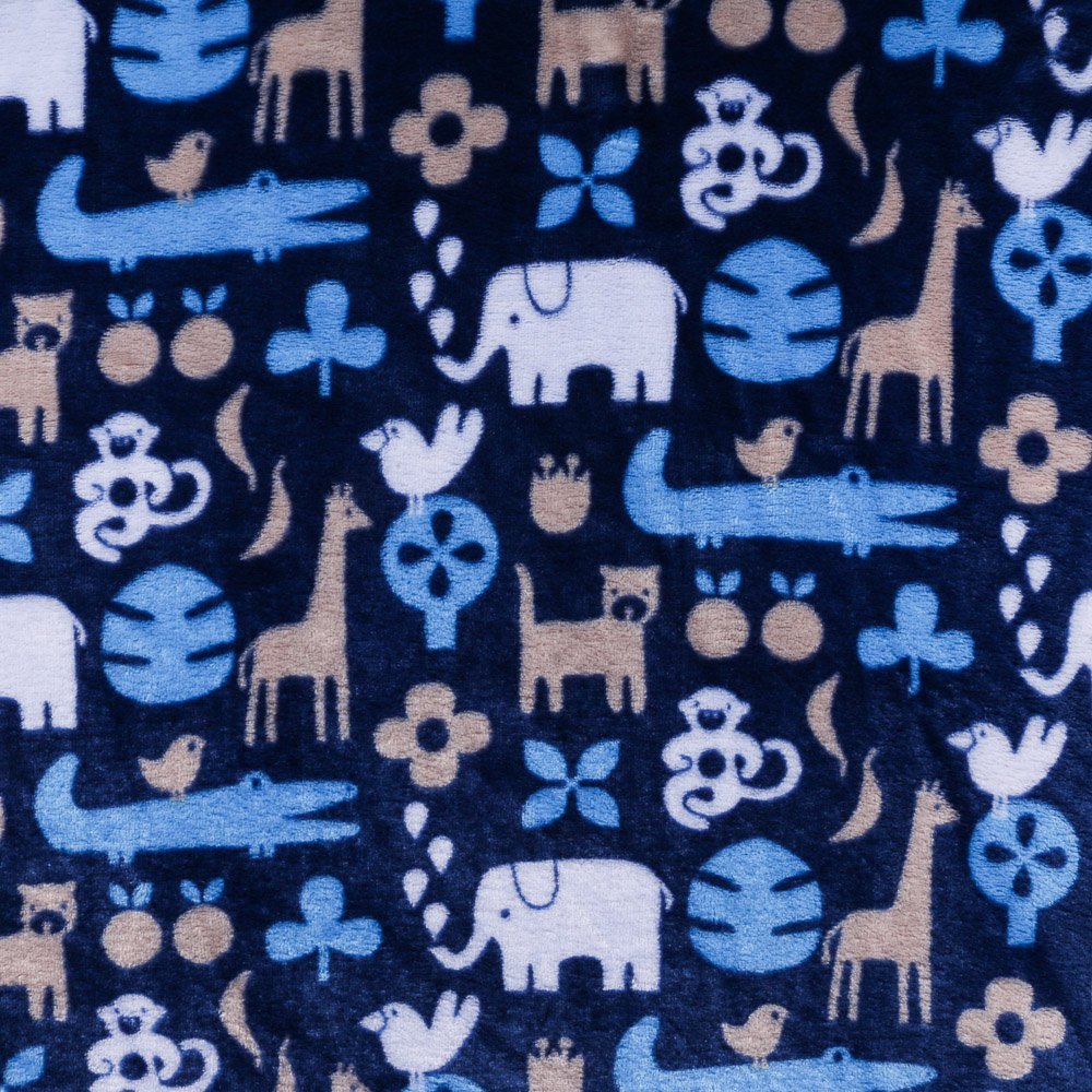Tissu Doudou Bleu nuit Crocodiles et girafes Pervenche