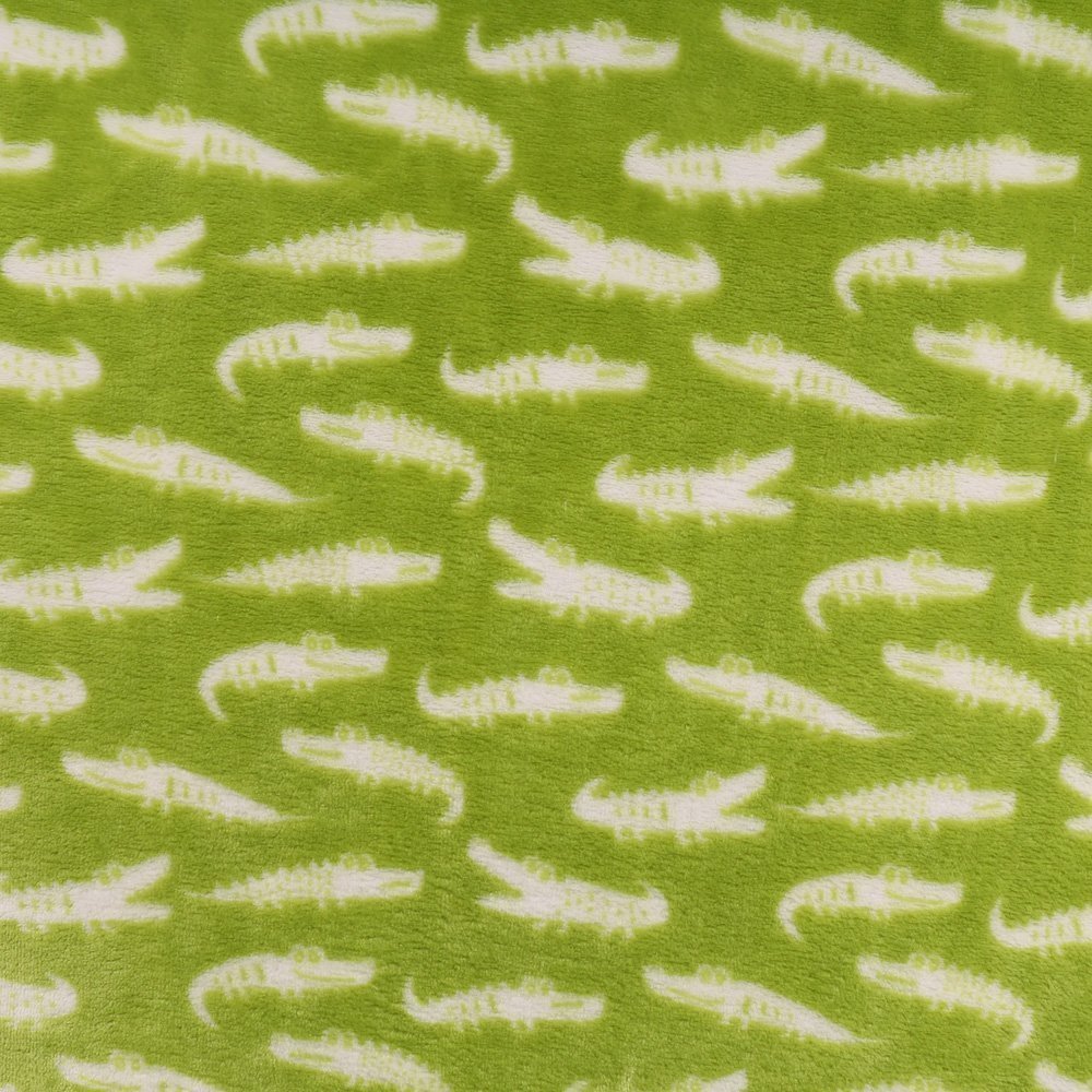 Tissu Doudou Vert anis Crocodiles Blancs