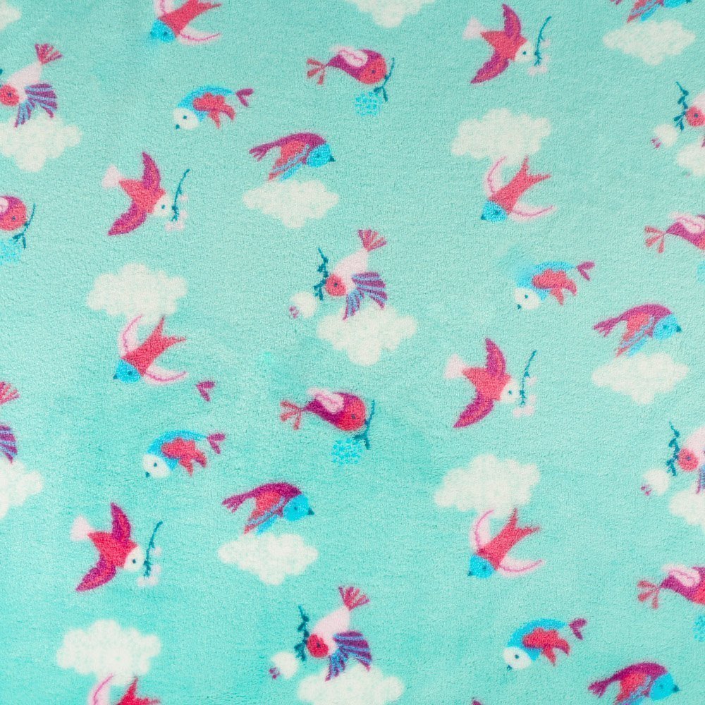 Tissu Doudou Bleu turquoise Oiseaux Fuschia et roses