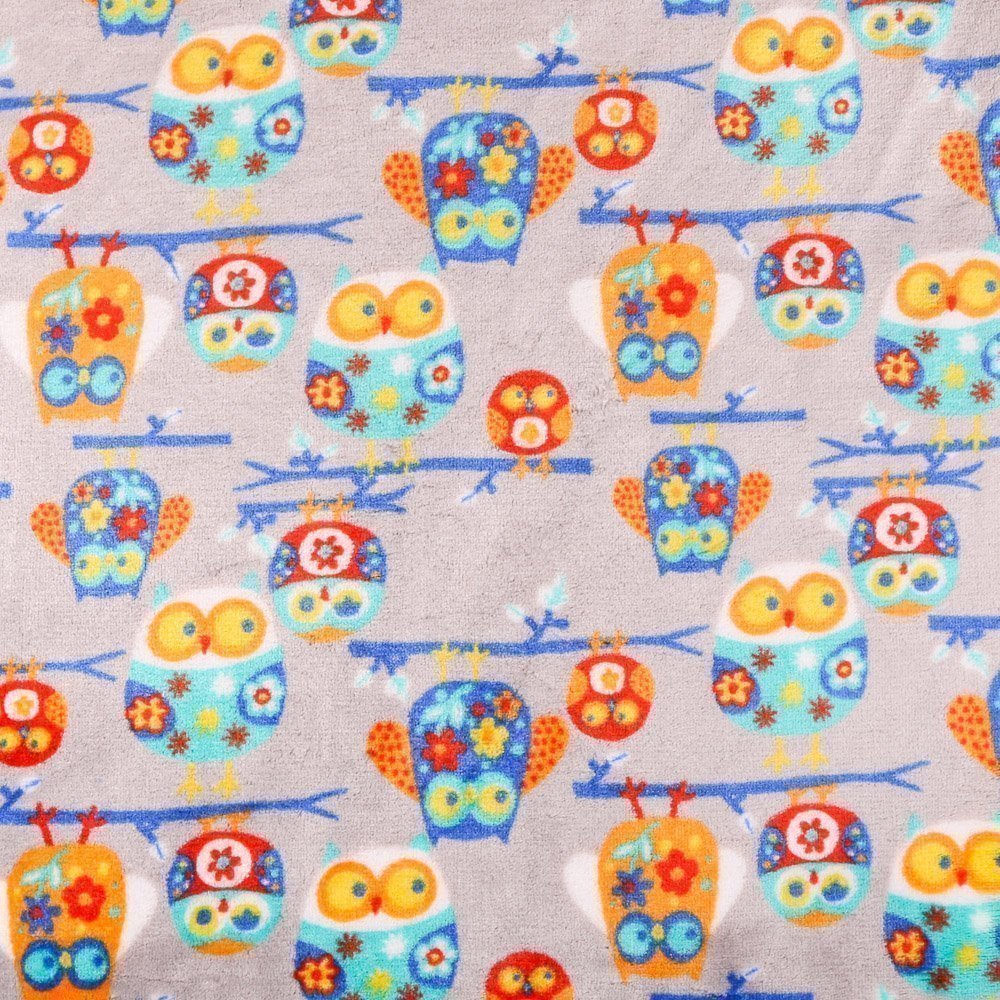 Tissu Doudou Gris clair Chouettes Multicolore