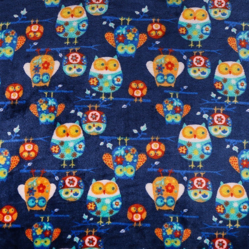 Tissu Doudou Bleu nuit Chouettes Multicolore
