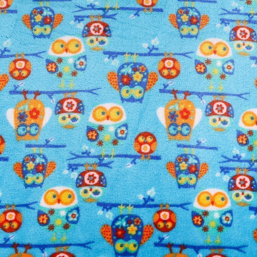 Tissu Doudou Bleu azur Chouettes Multicolore