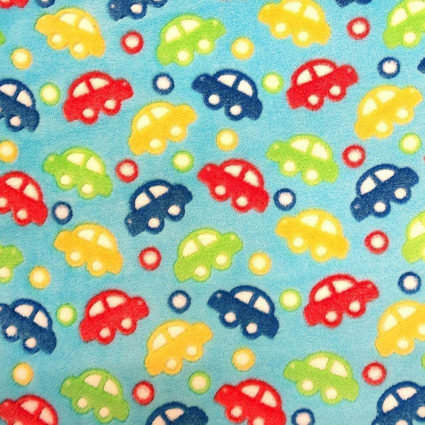 Tissu Doudou Bleu Voitures multicolores