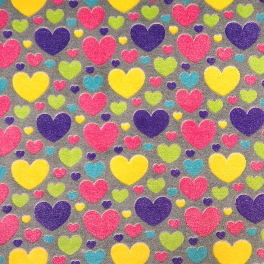 Tissu Doudou Gris Cœurs multicolores