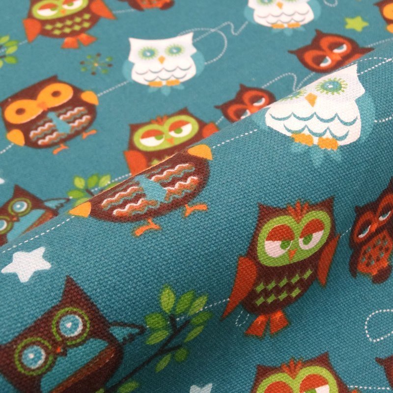 Tissu Toile Coton Bleu Hiboux marrons et blanc