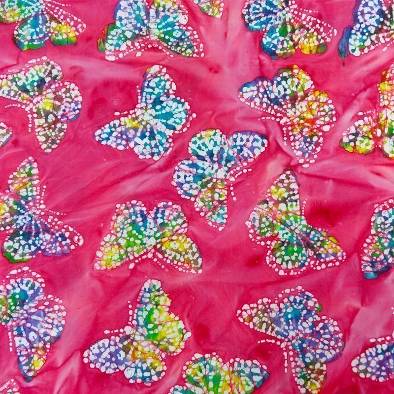Tissu Batik Rose Papillons blancs et verts