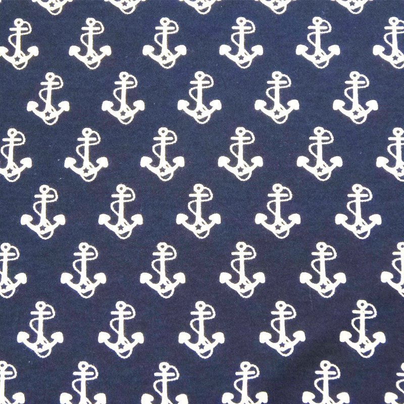 Tissu Jersey Coton Bleu marine Ancres blanches