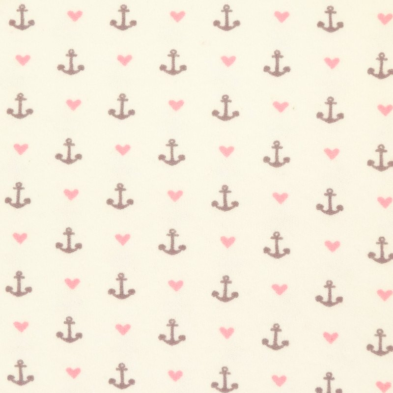 Tissu Jersey Coton Blanc Ancres et cœurs parme et roses