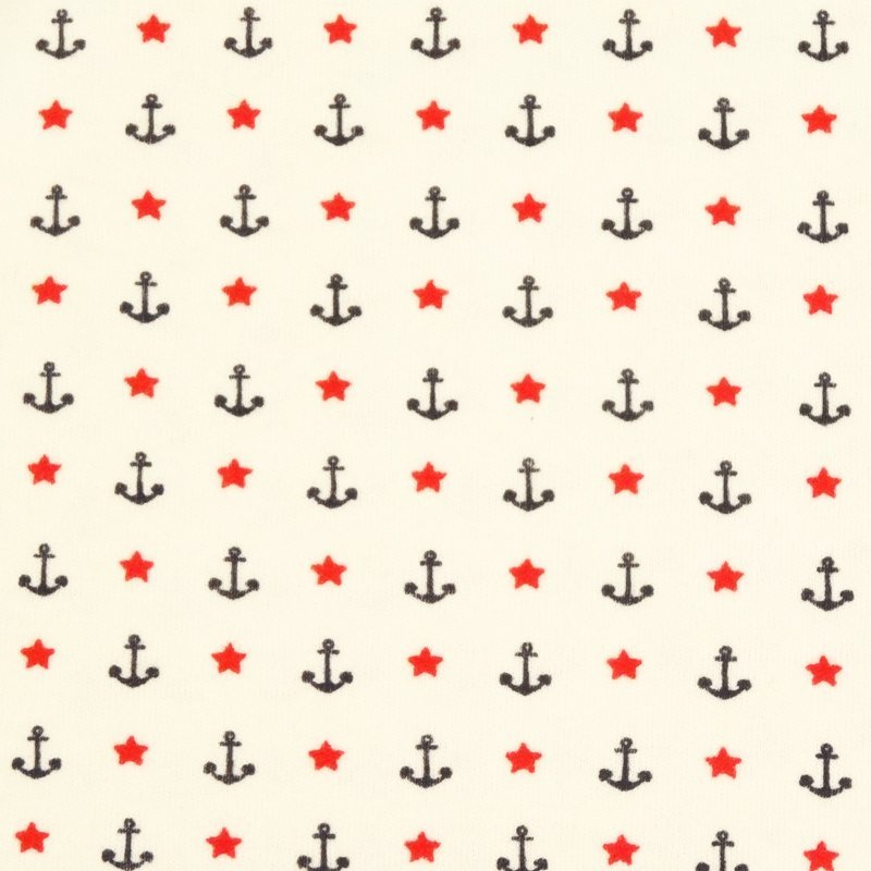 Tissu Jersey Coton Blanc Ancres et étoiles bleu marine et rouges