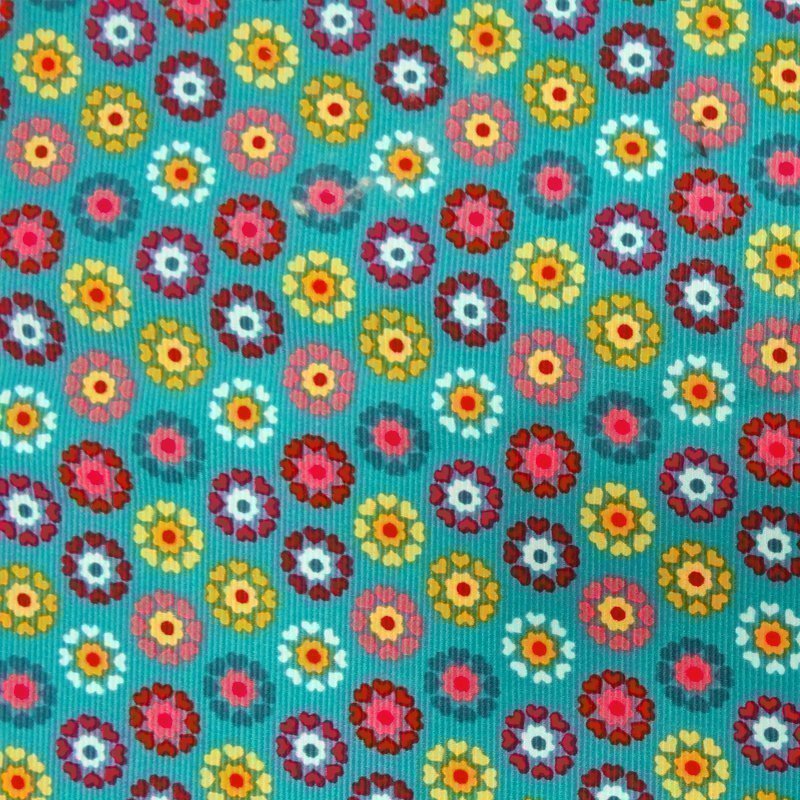 Tissu Velours milleraies Vert Fleurs roses et jaunes