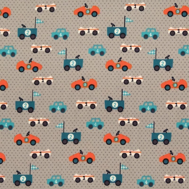 Tissu Velours milleraies Gris Voitures bleus et orange