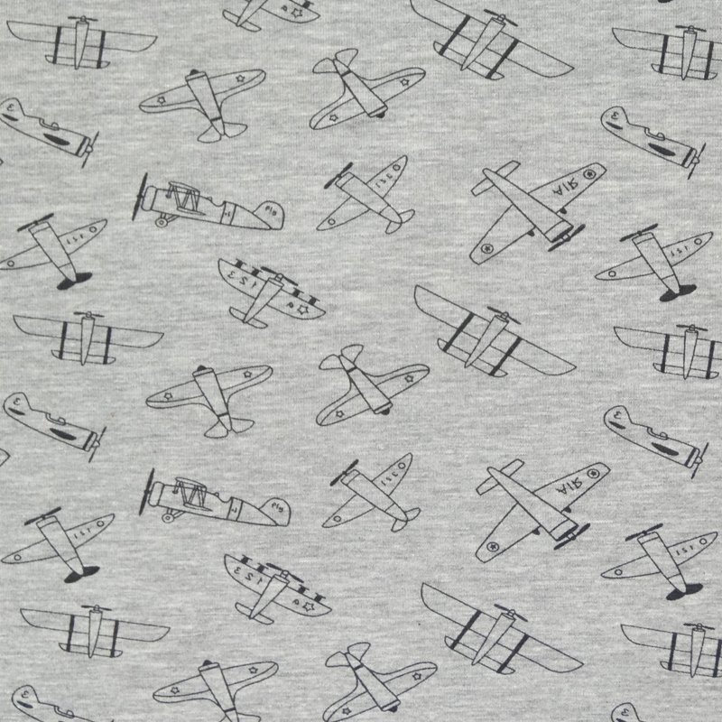 Tissu Jersey Coton Gris Avions noirs