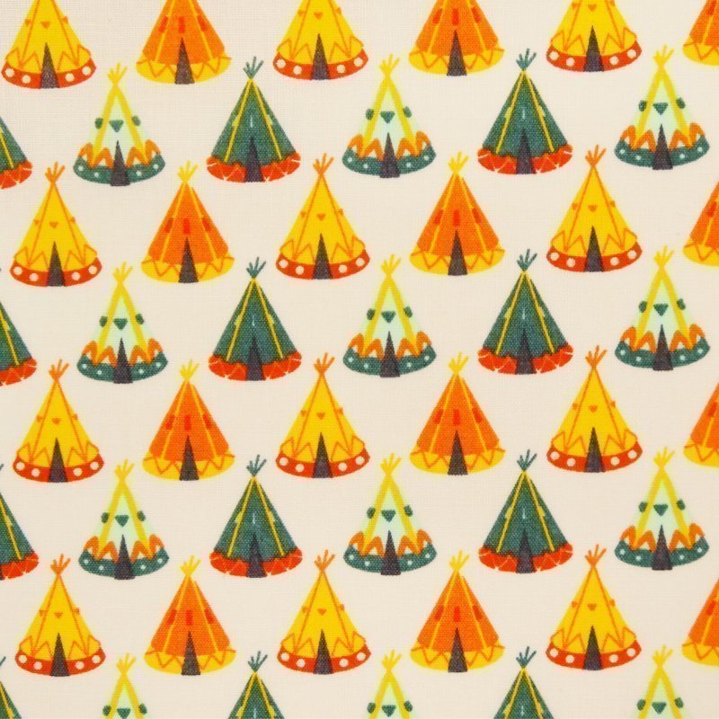 Tissu Coton Ecru Tipi jaunes et vertes