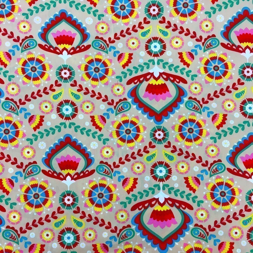 Tissu Coton imprimé Beige Fleurs Multicolores