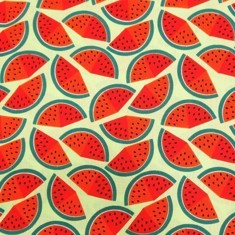 Tissu Coton Vert Pastèques rouges
