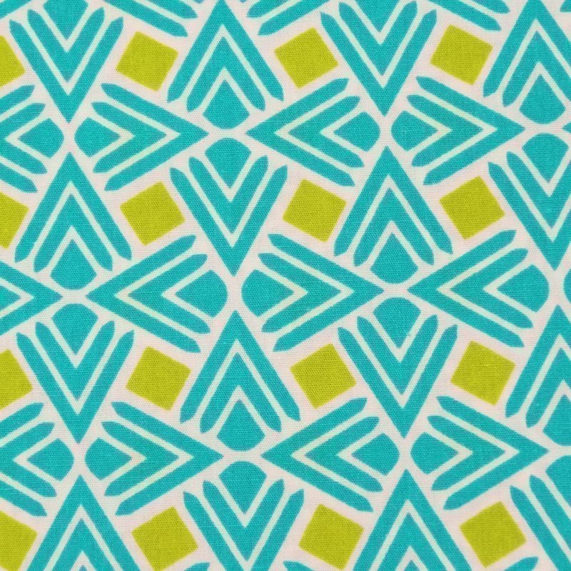 Tissu Coton Bleu Carrés et triangles verts et bleus