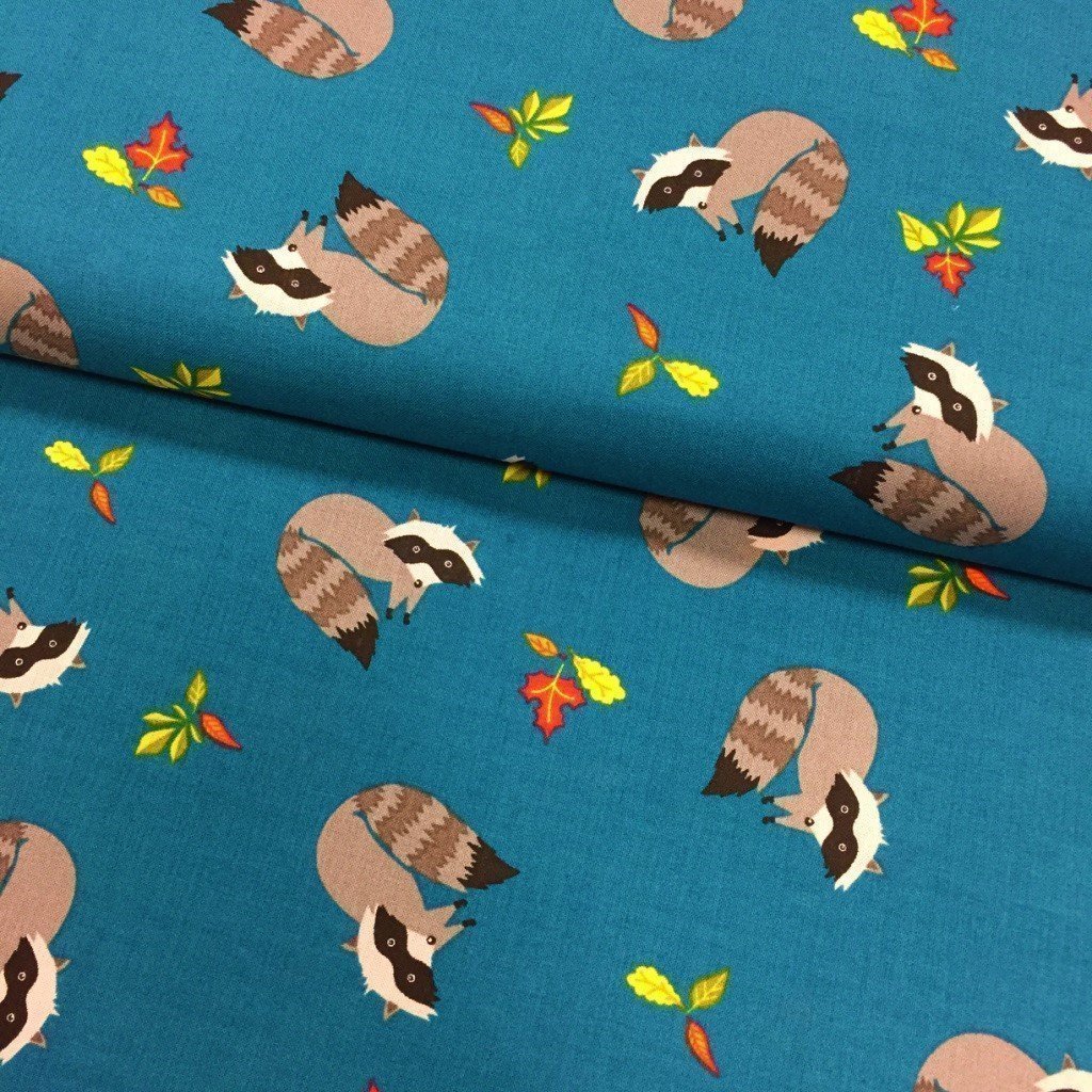 Tissu Popeline imprimée Bleu canard Blaireaux Noirs et gris