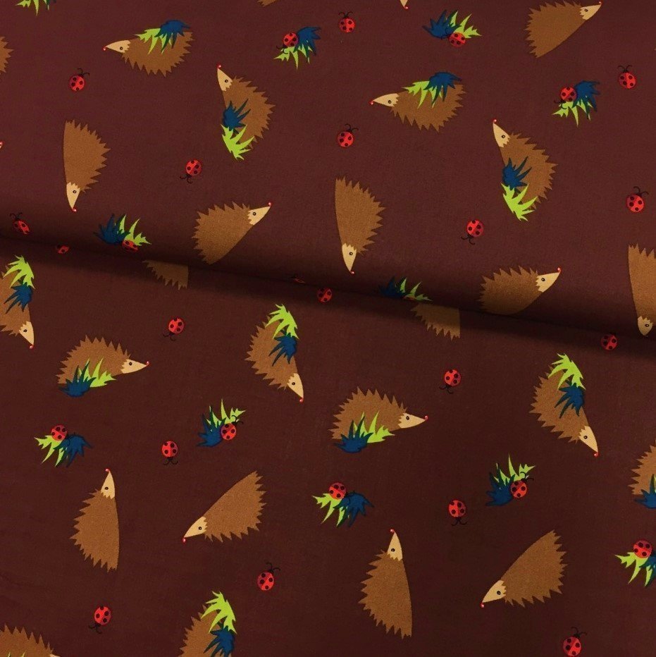 Tissu Popeline imprimée Marron Hérissons Marrons et rouges