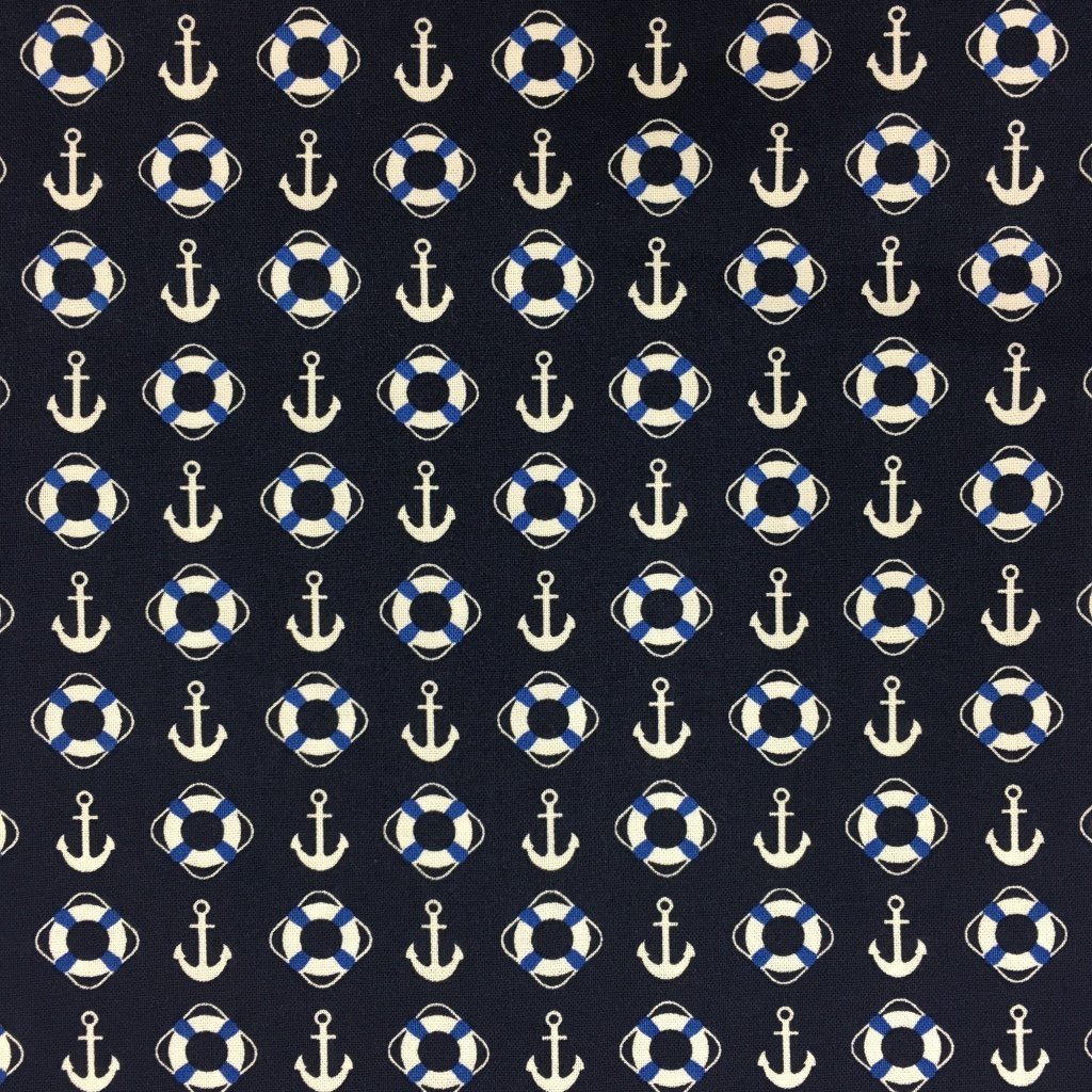 Tissu Coton imprimé Bleu marine Ancres Blanches