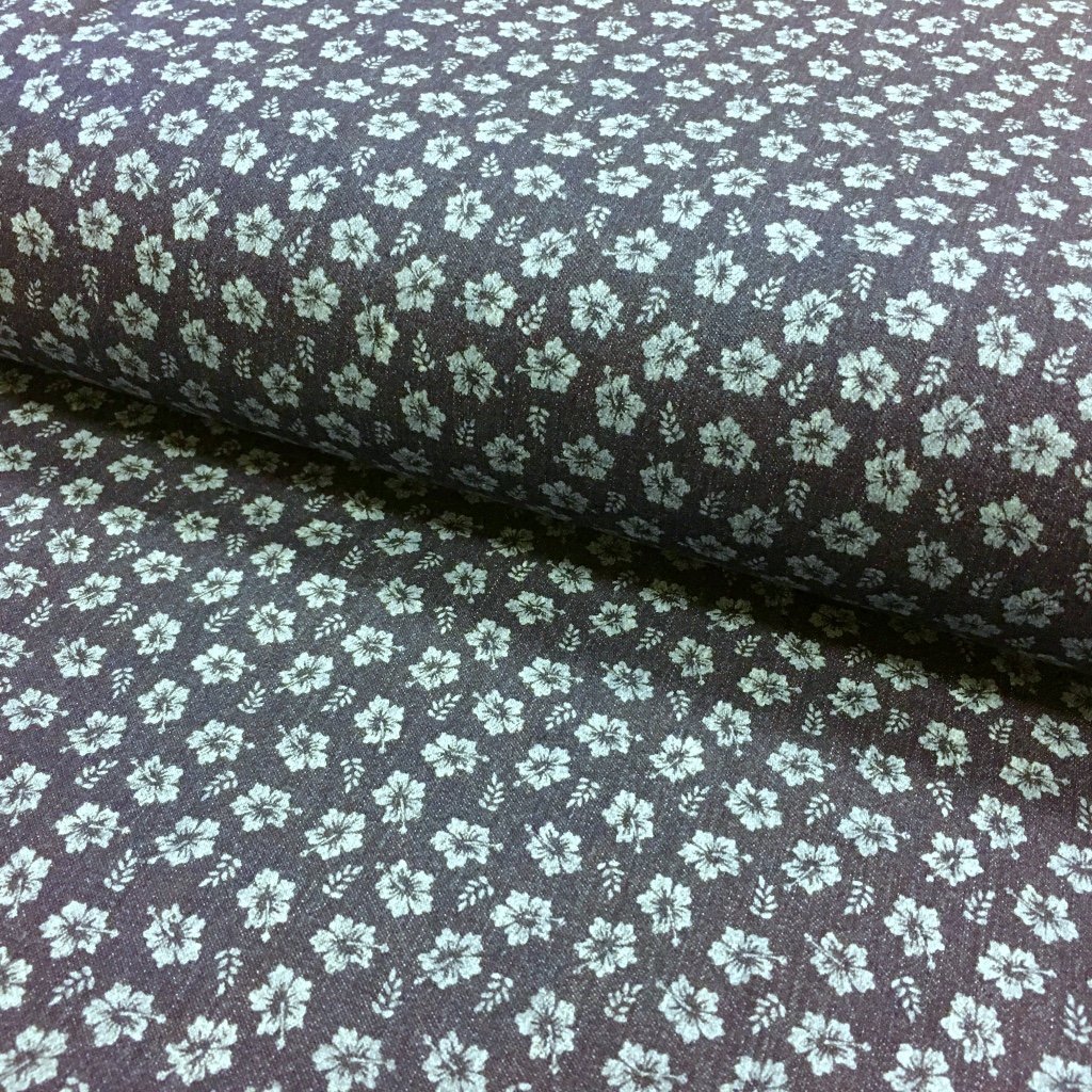 Tissu Denim stretch Bleu jean foncé Fleurs Blanches