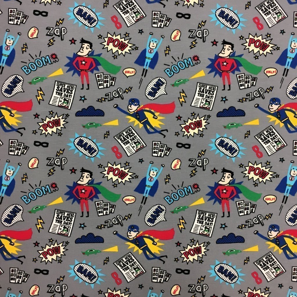 Tissu Jersey Coton Gris Supers héros Multicolores