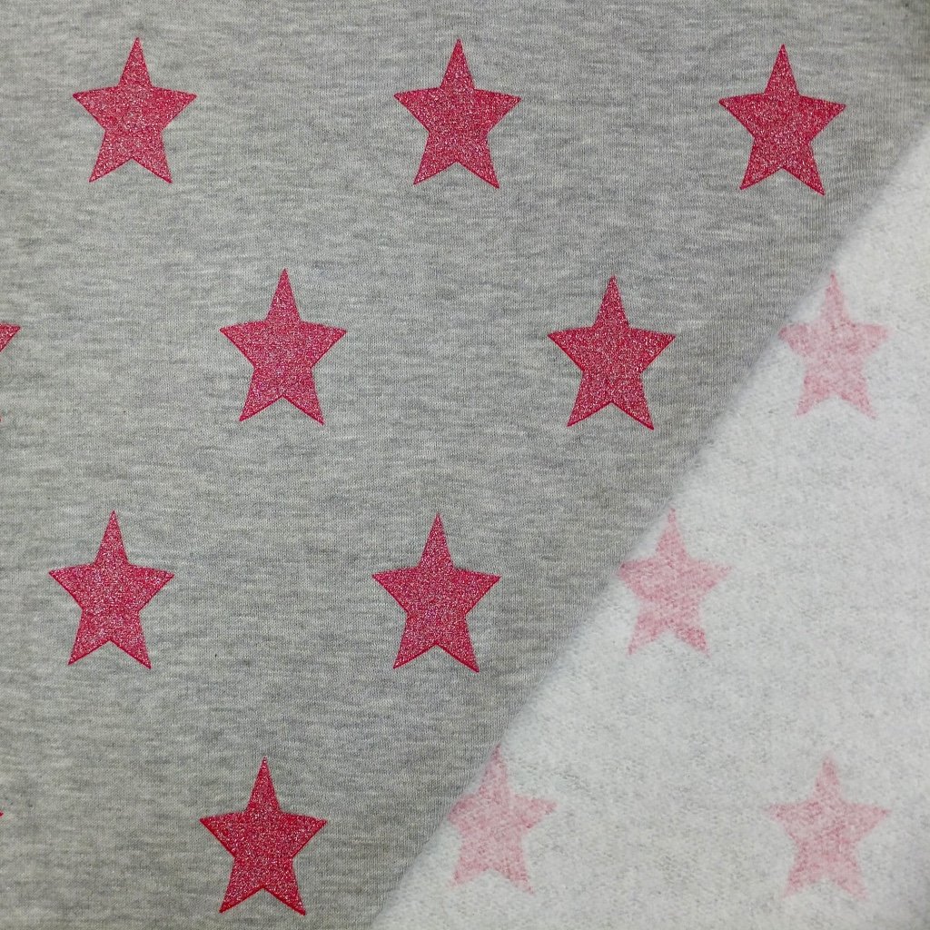 Tissu Sweat Gris clair chiné Etoiles roses à paillettes