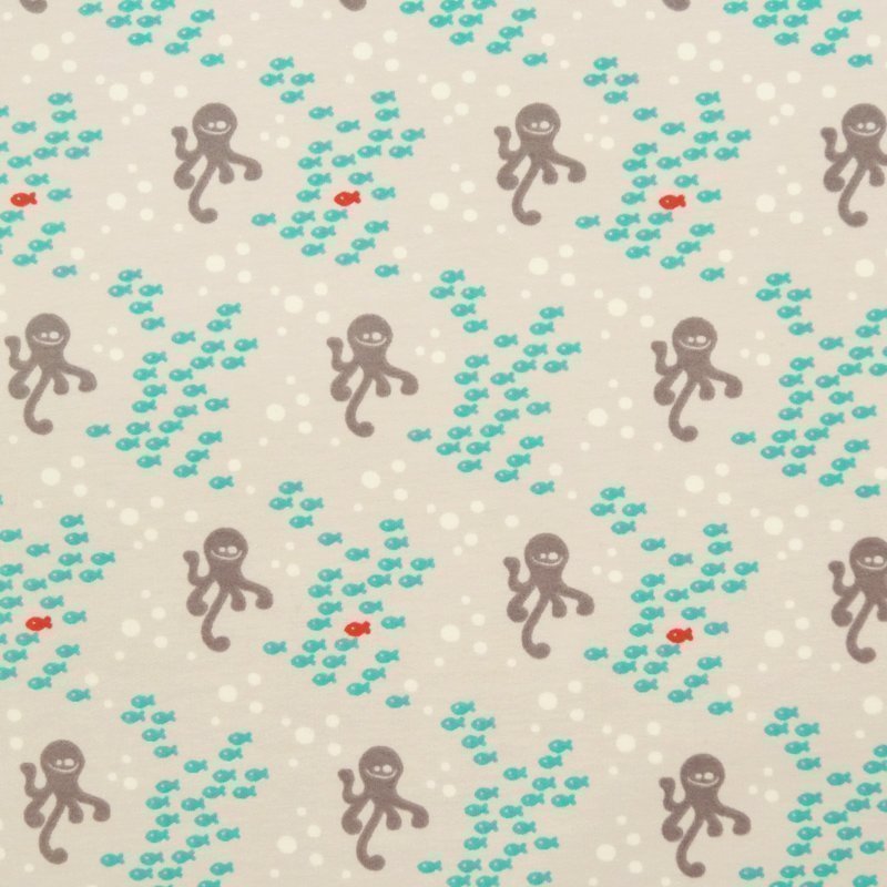 Tissu Jersey Coton Gris Octopus et poissons gris foncés et verts