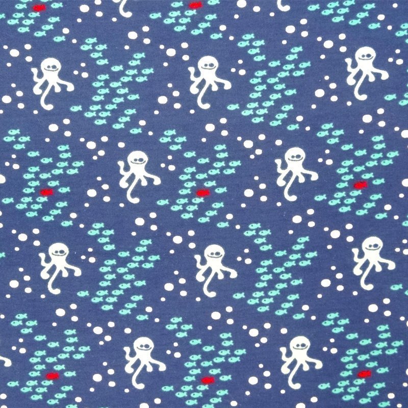 Tissu Jersey Coton Bleu marine Octopus et poissons bleu clair