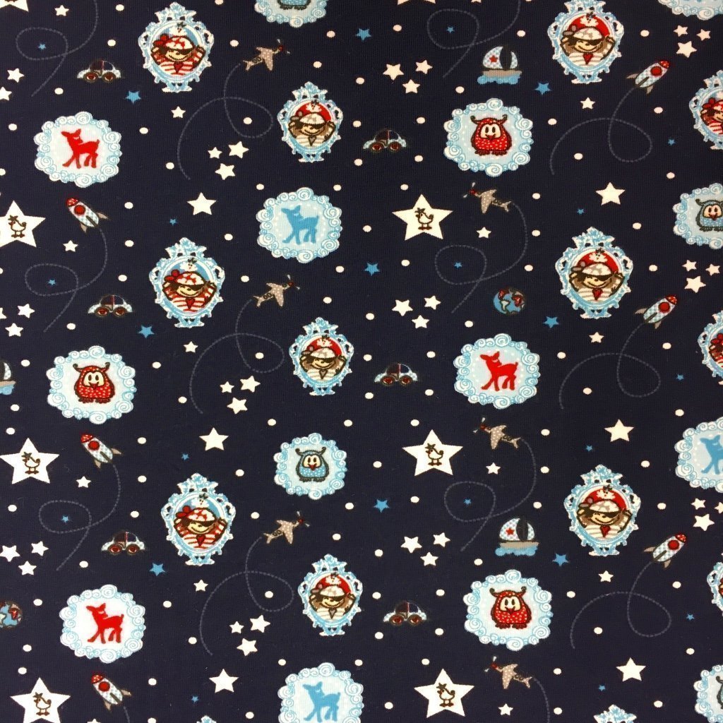Tissu Jersey Coton Bleu marine Pirates Bleus et rouges