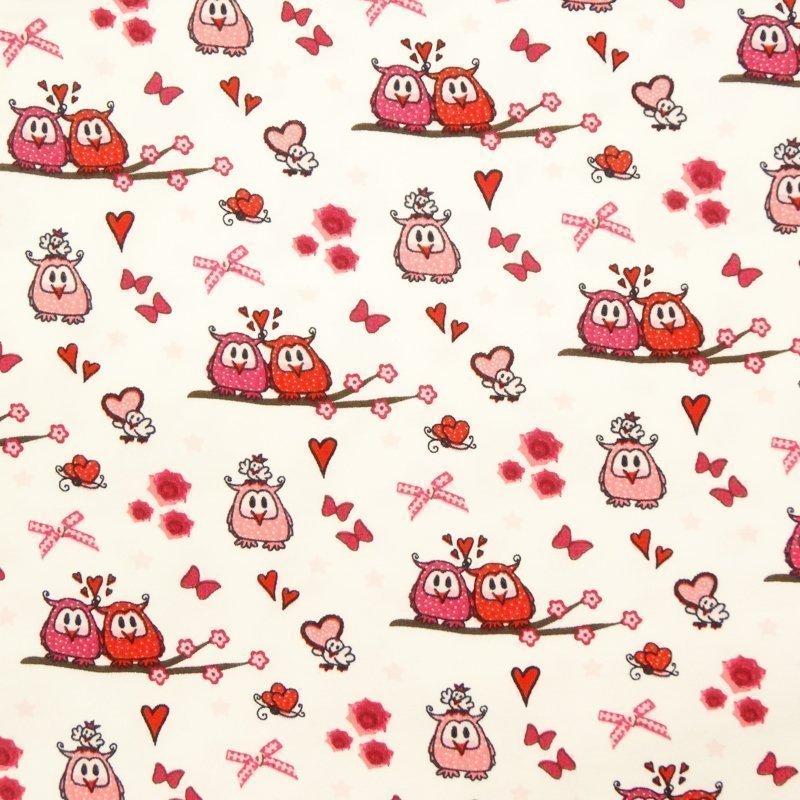 Tissu Jersey Coton Blanc Chouettes roses et rouges