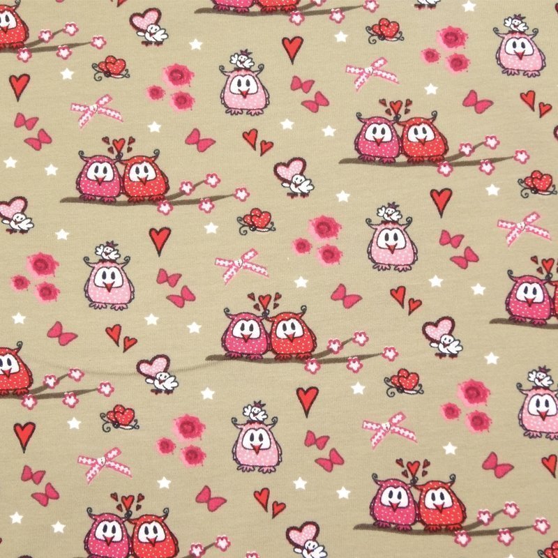 Tissu Jersey Coton Beige Chouettes roses et rouges