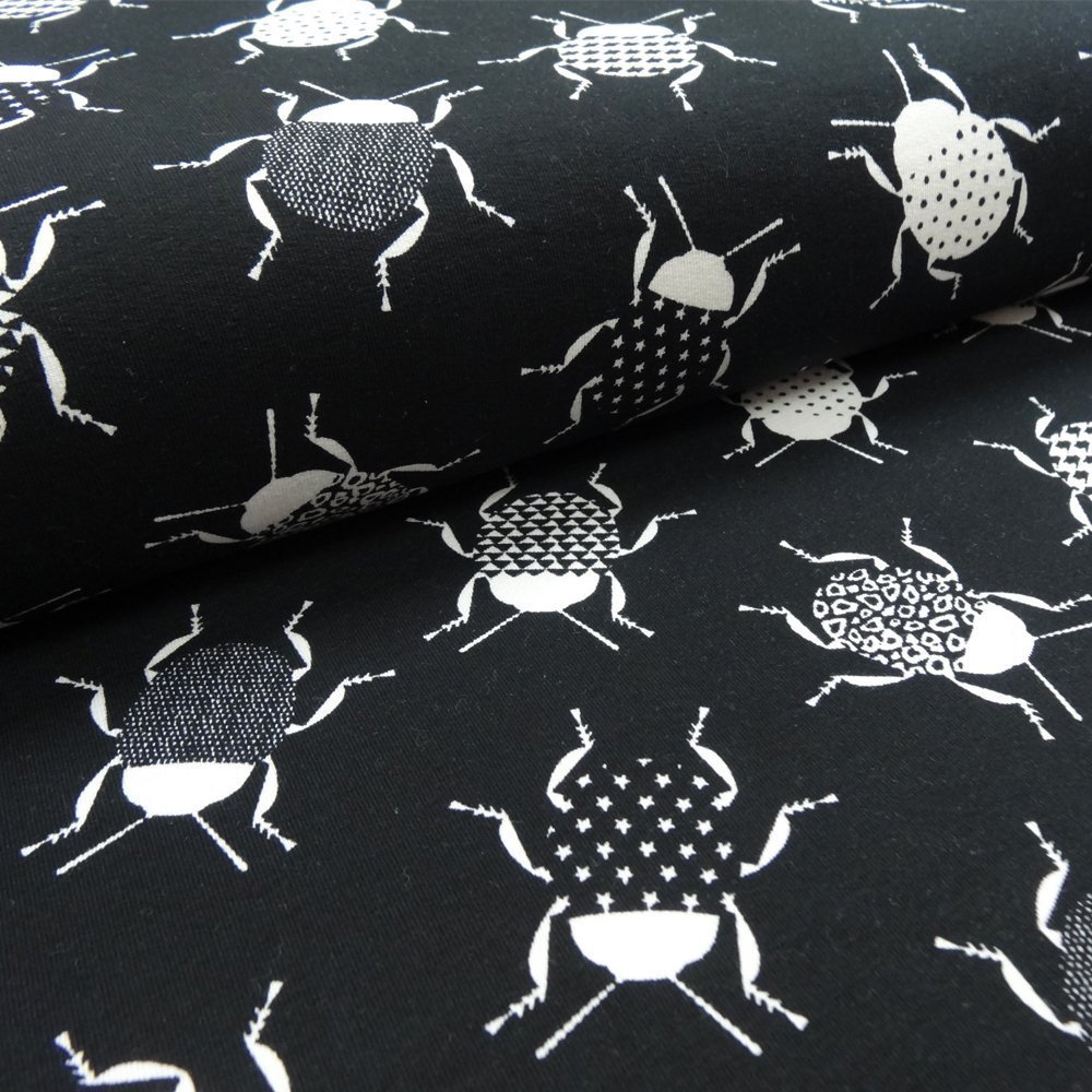 Tissu Jersey Coton Noir Scarabés blancs