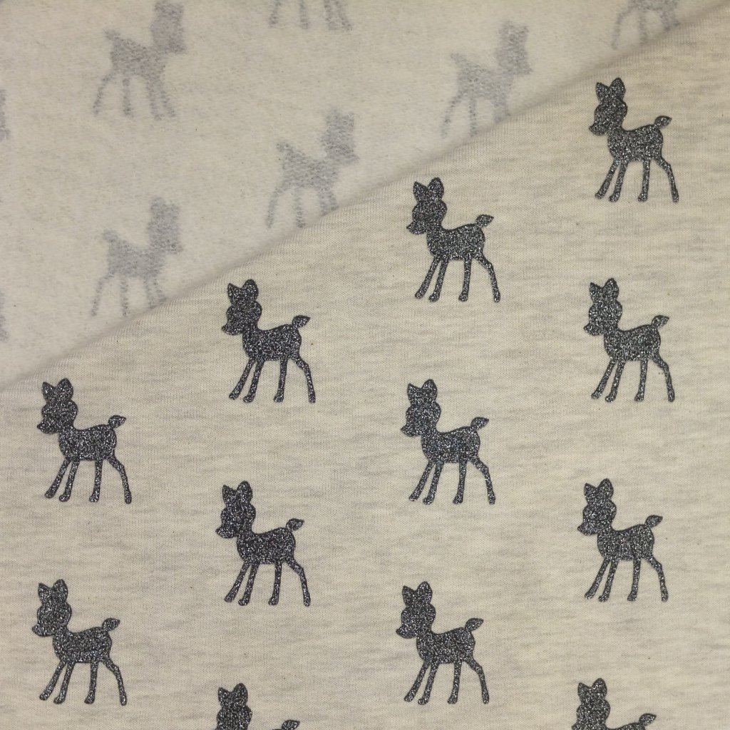 Tissu Sweat Gris très clair chiné Biches grises foncées à paillettes