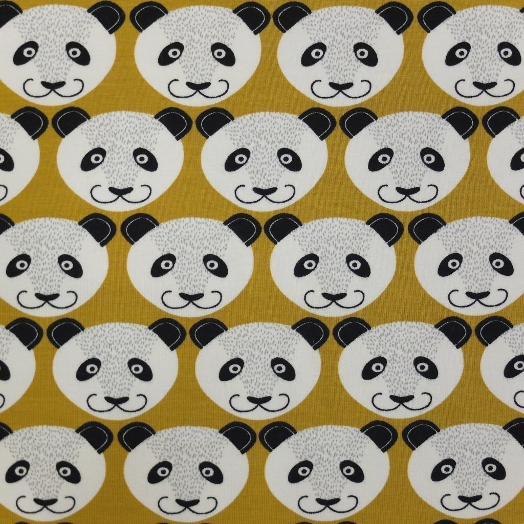 Tissu Jersey Vert olive Têtes de panda noires et blanches
