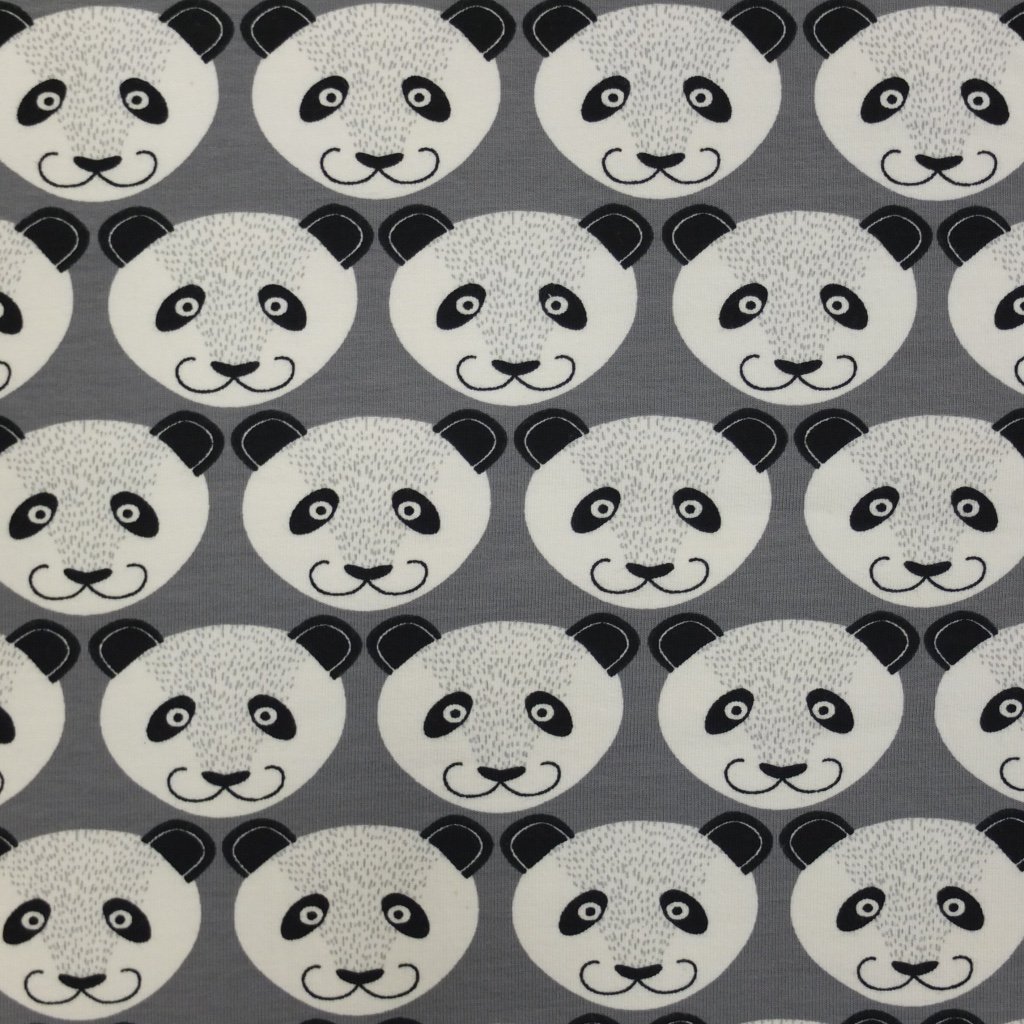 Tissu Jersey Gris clair Têtes de panda noires et blanches
