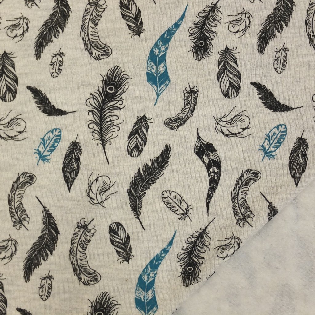 Tissu Sweat Gris blanc chiné Plumes noires et bleues turquoises