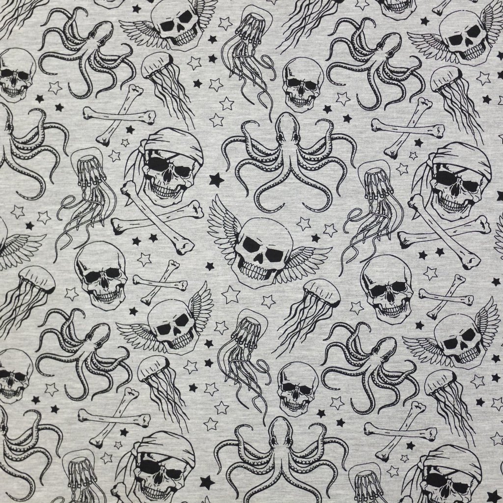 Tissu Jersey Gris chiné Têtes de mort noires
