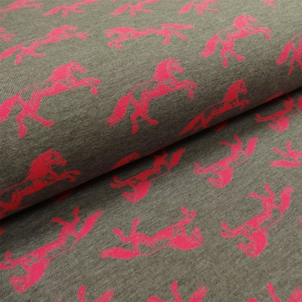 Tissu Jersey Coton Anthracite Chevaux roses