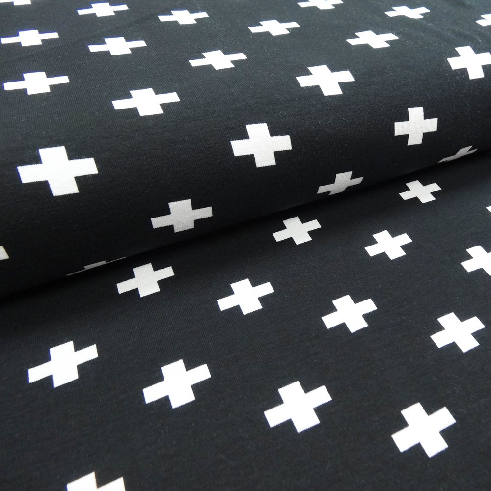 Tissu Jersey Coton Noir Croix blanches