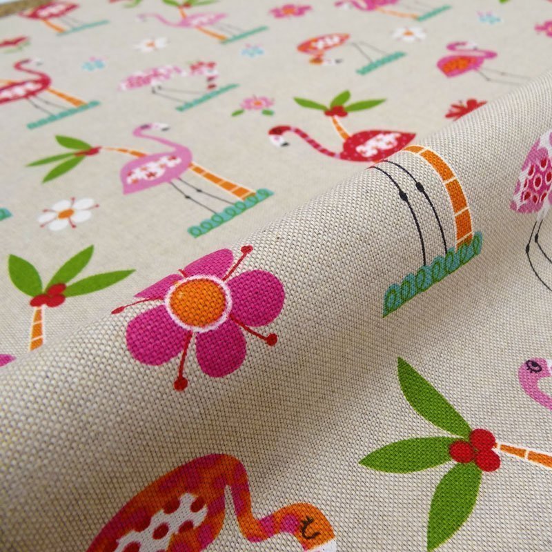 Tissu Toile Coton Beige Flamants roses