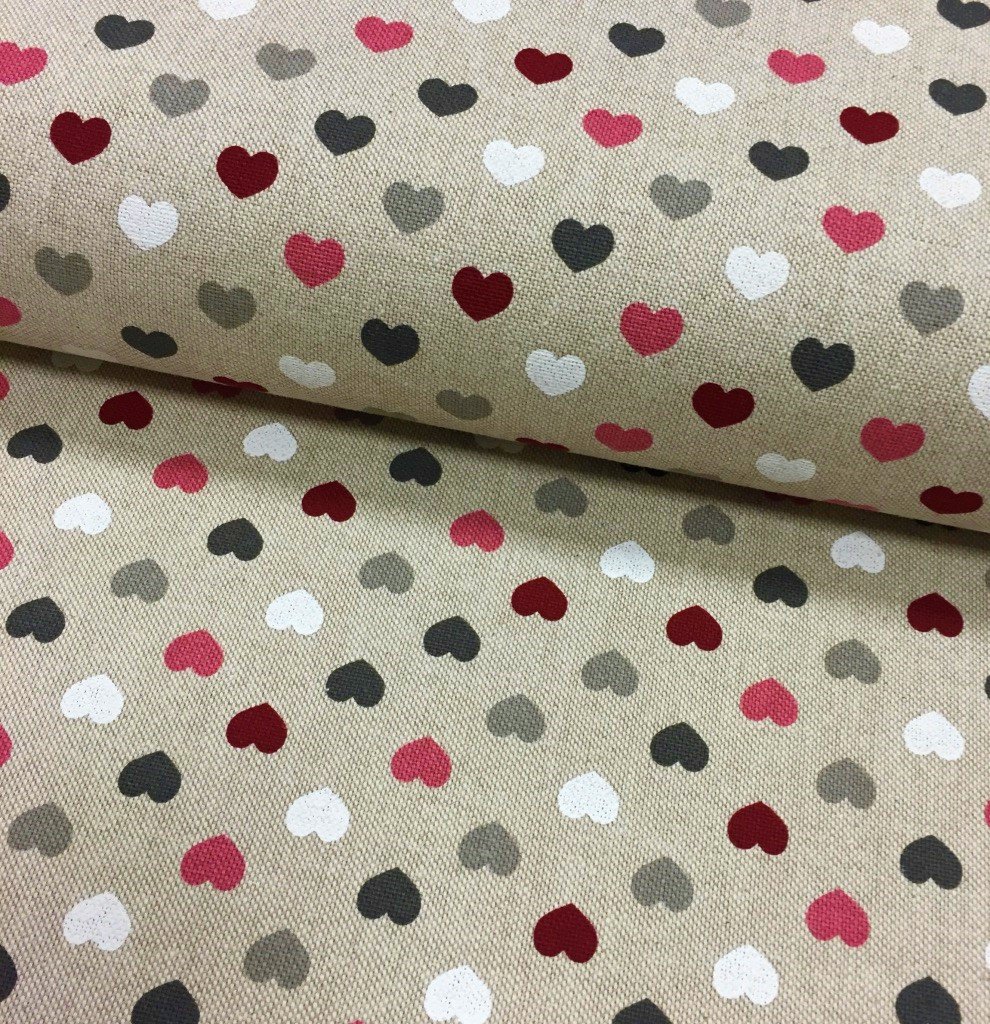 Tissu Toile De Coton Beige Cœurs Roses et gris