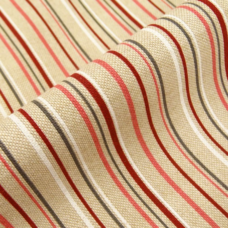 Tissu Toile Coton Beige Rayures blaches rouges et grises