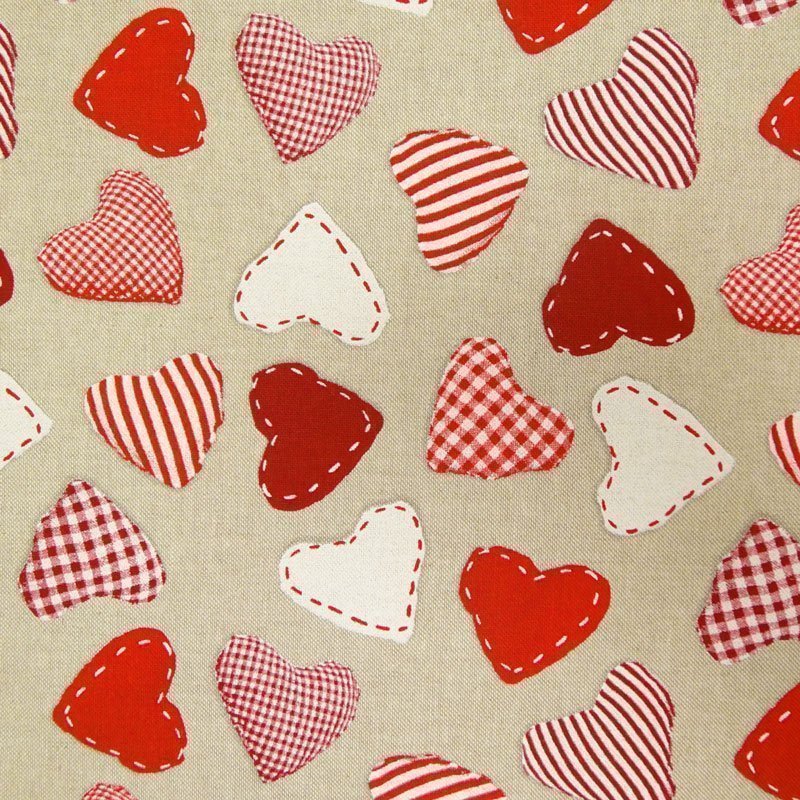 Tissu Toile Coton Beige Cœurs rouges et blancs