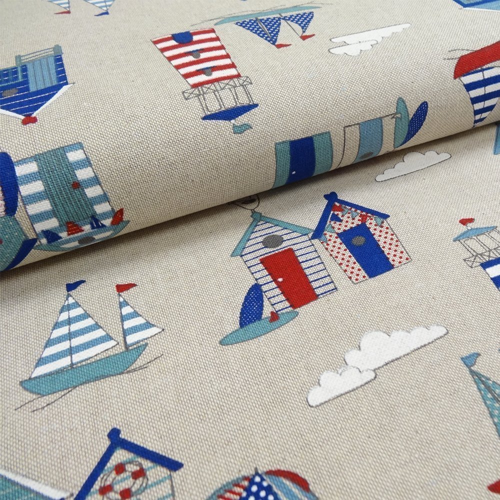 Tissu Toile Coton Bleu Nautique bleus et rouges