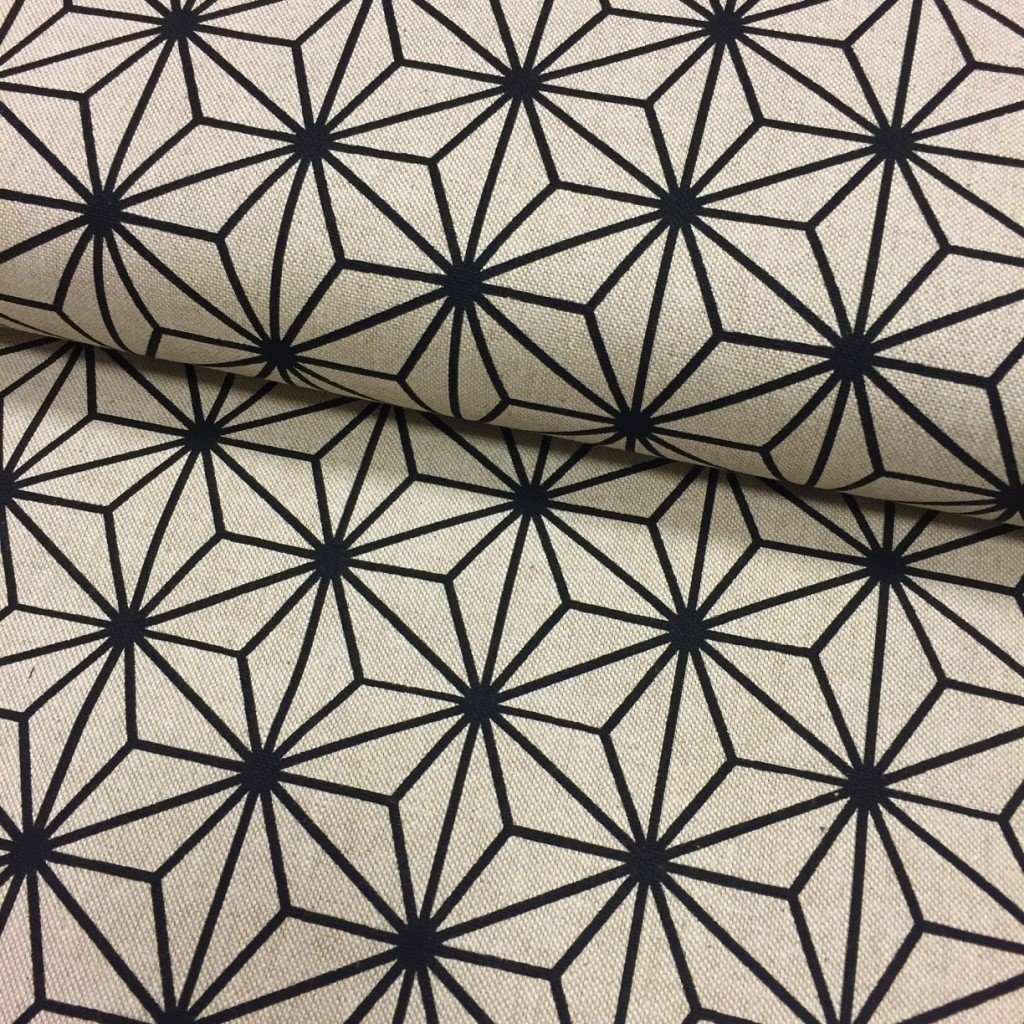 Tissu Toile De Coton Beige Motifs géométriques Noirs